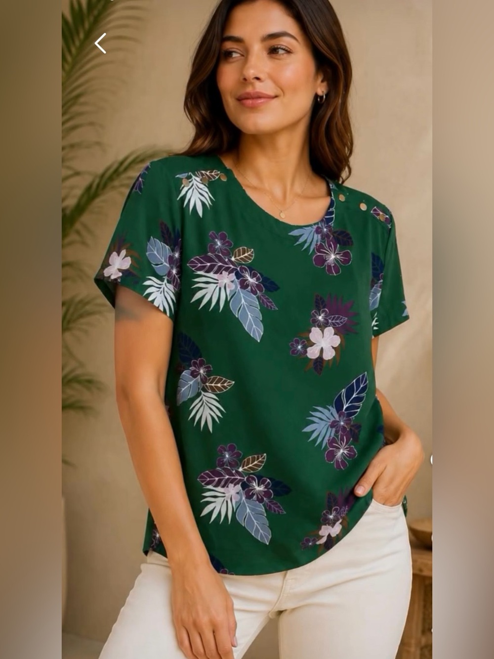 LOFT tropical floral blouse with gold buttons on sleeves